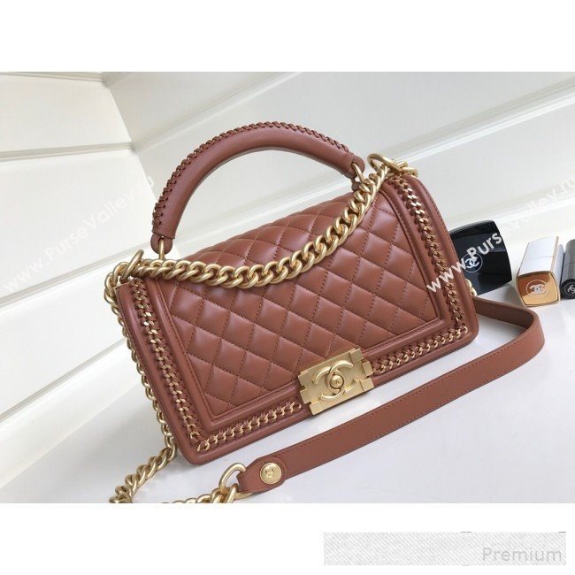 Chanel Chain Trim Quilted Leather Classic Medium Boy Flap Top Handle Bag Brown 2019 (YD-9061463)
