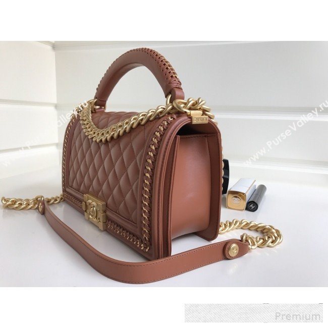 Chanel Chain Trim Quilted Leather Classic Medium Boy Flap Top Handle Bag Brown 2019 (YD-9061463)