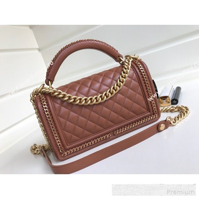 Chanel Chain Trim Quilted Leather Classic Medium Boy Flap Top Handle Bag Brown 2019 (YD-9061463)