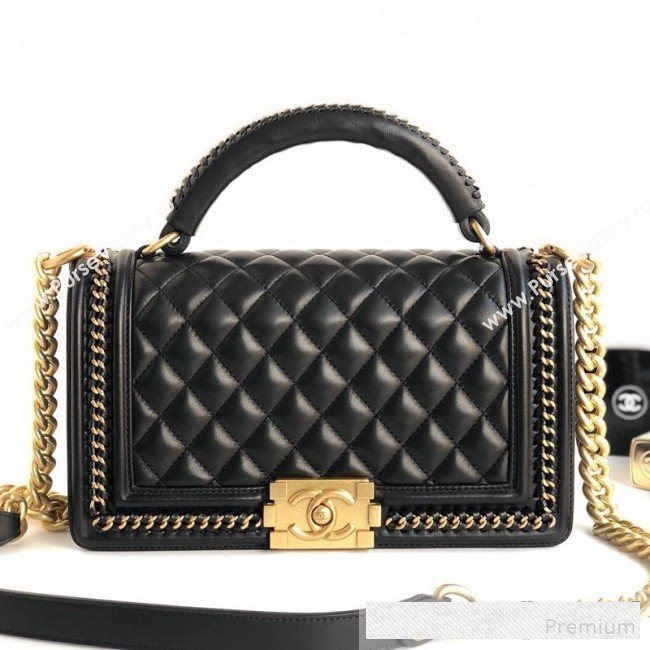Chanel Chain Trim Quilted Leather Classic Medium Boy Flap Top Handle Bag Black 2019 (YD-9061465)