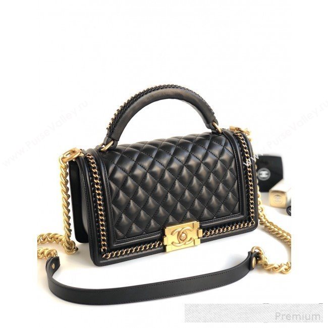 Chanel Chain Trim Quilted Leather Classic Medium Boy Flap Top Handle Bag Black 2019 (YD-9061465)