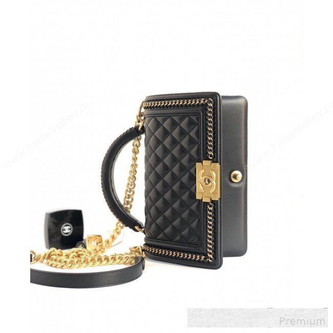 Chanel Chain Trim Quilted Leather Classic Medium Boy Flap Top Handle Bag Black 2019 (YD-9061465)
