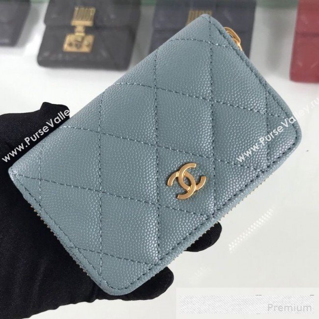 Chanel Quilted Grained Calfskin Classic Zipped Card Holder A84511 Light Blue (HOT-9061468)