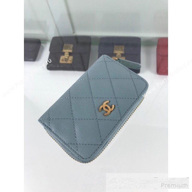 Chanel Quilted Grained Calfskin Classic Zipped Card Holder A84511 Light Blue (HOT-9061468)