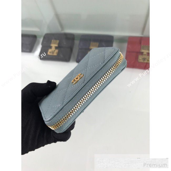 Chanel Quilted Grained Calfskin Classic Zipped Card Holder A84511 Light Blue (HOT-9061468)