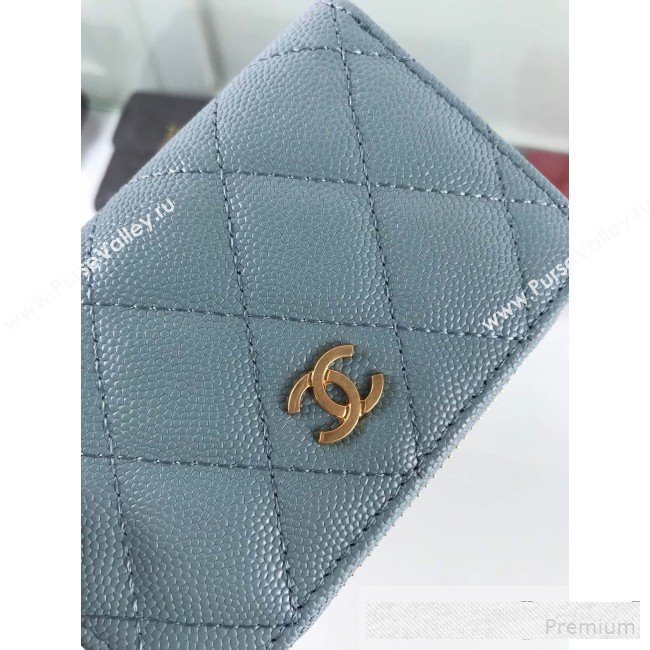 Chanel Quilted Grained Calfskin Classic Zipped Card Holder A84511 Light Blue (HOT-9061468)