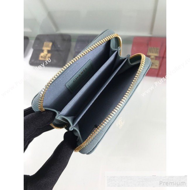 Chanel Quilted Grained Calfskin Classic Zipped Card Holder A84511 Light Blue (HOT-9061468)
