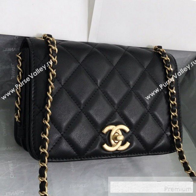 Chanel Quilted Smooth Calfskin Side Chain Small Flap Bag Black 2019 (FM-9061471)