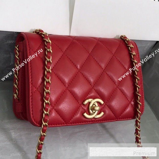 Chanel Quilted Smooth Calfskin Side Chain Small Flap Bag Red 2019 (FM-9061477)