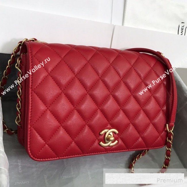 Chanel Quilted Smooth Calfskin Side Chain Large Flap Bag Red 2019 (FM-9061478)