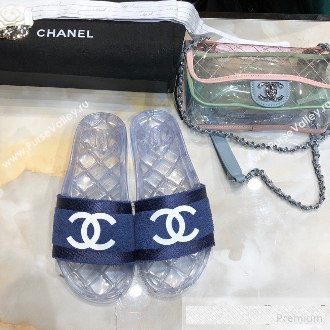 Chanel Flat PVC Sole CC Toweling Slide Sandals Blue 2019 (ANDI-9061307)