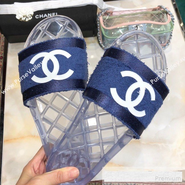 Chanel Flat PVC Sole CC Toweling Slide Sandals Blue 2019 (ANDI-9061307)