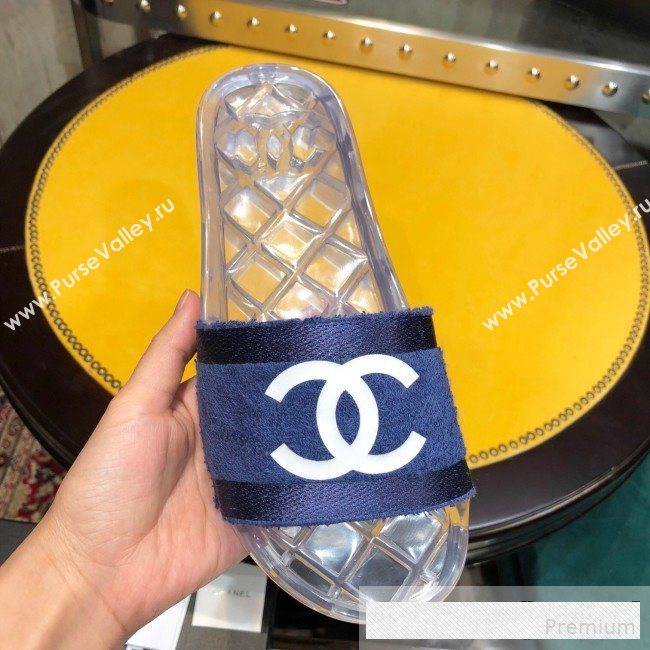 Chanel Flat PVC Sole CC Toweling Slide Sandals Blue 2019 (ANDI-9061307)