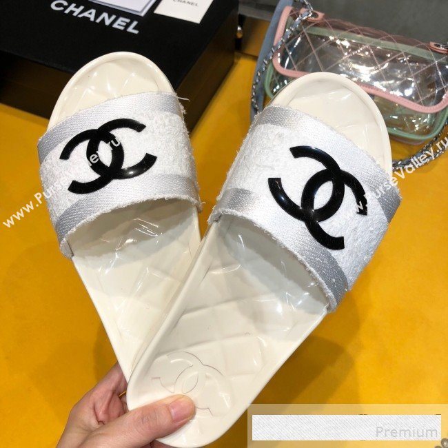 Chanel Flat PVC Sole CC Toweling Slide Sandals White 2019 (ANDI-9061306)