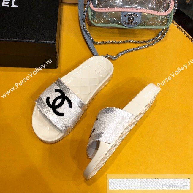Chanel Flat PVC Sole CC Toweling Slide Sandals White 2019 (ANDI-9061306)