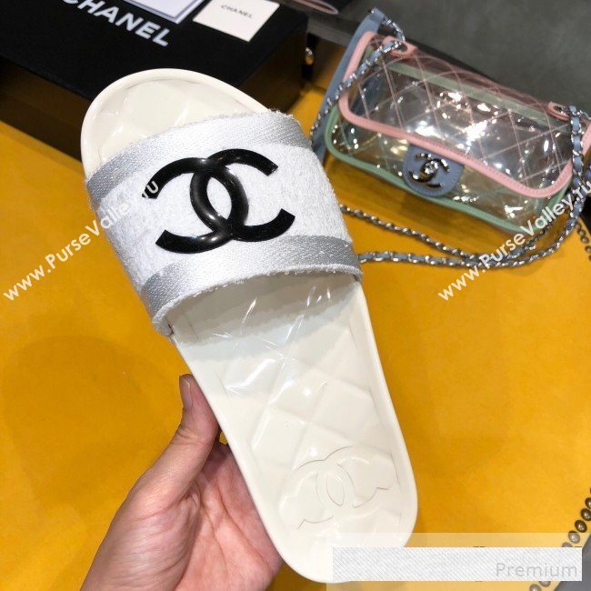 Chanel Flat PVC Sole CC Toweling Slide Sandals White 2019 (ANDI-9061306)