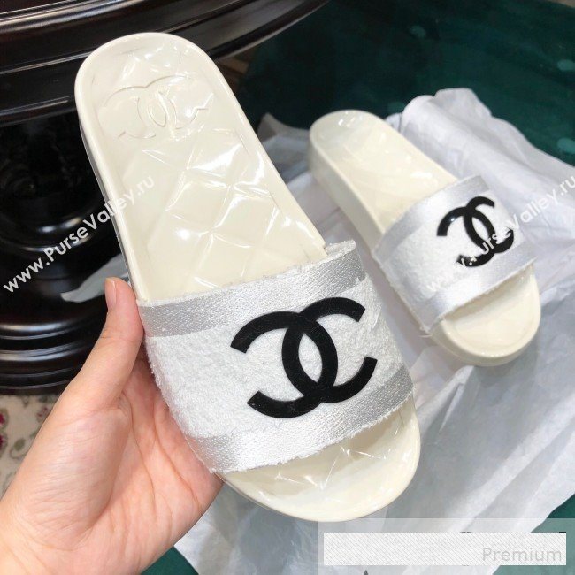 Chanel Flat PVC Sole CC Toweling Slide Sandals White 2019 (ANDI-9061306)