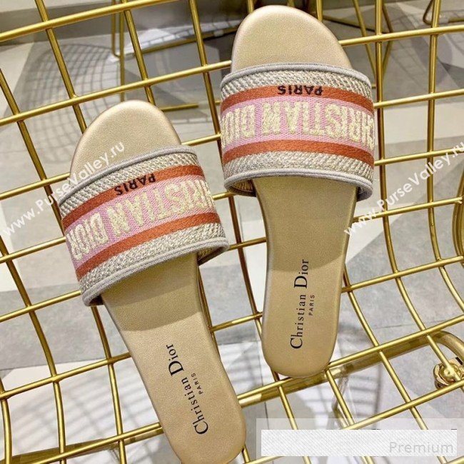 Dior Dway Embroidered Cotton Flat Slide Sandals Gold/Pink 2019 (ALZ-9061114)
