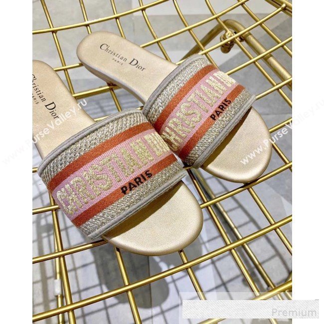 Dior Dway Embroidered Cotton Flat Slide Sandals Gold/Pink 2019 (ALZ-9061114)