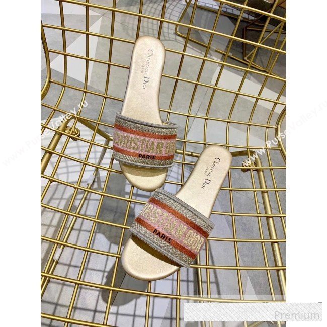 Dior Dway Embroidered Cotton Flat Slide Sandals Gold/Pink 2019 (ALZ-9061114)