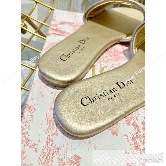 Dior Dway Embroidered Cotton Flat Slide Sandals Gold/Pink 2019 (ALZ-9061114)