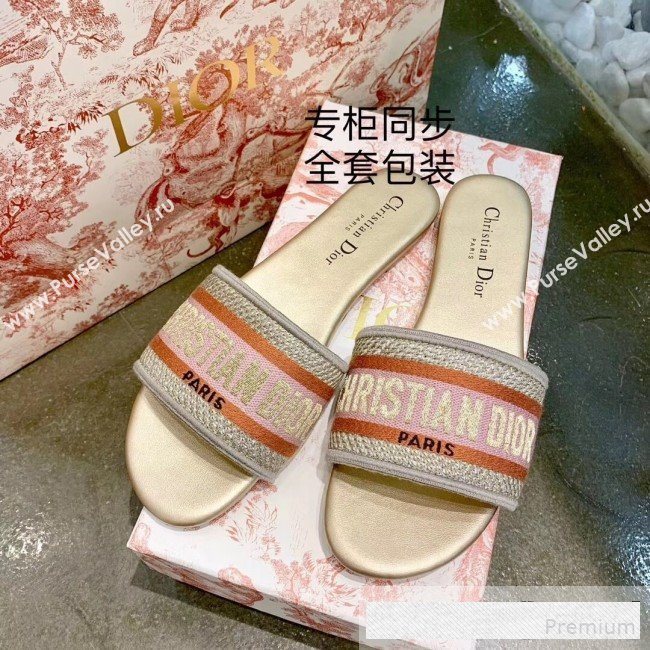 Dior Dway Embroidered Cotton Flat Slide Sandals Gold/Pink 2019 (ALZ-9061114)