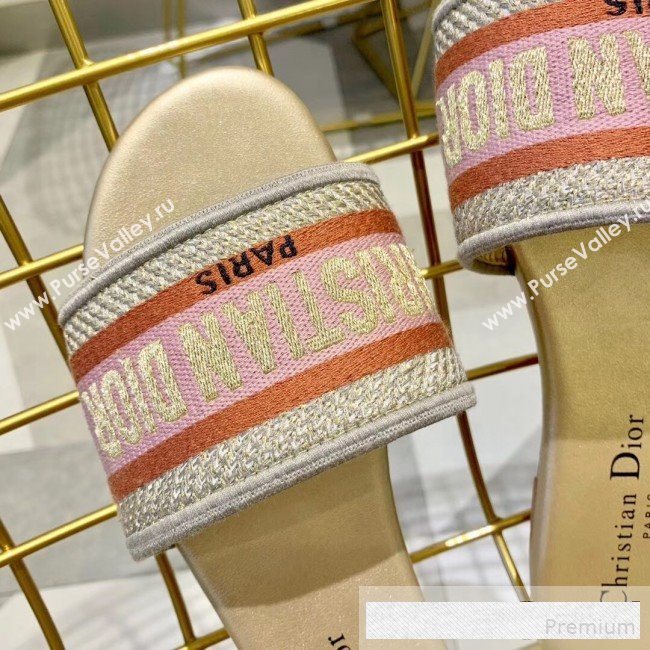 Dior Dway Embroidered Cotton Flat Slide Sandals Gold/Pink 2019 (ALZ-9061114)