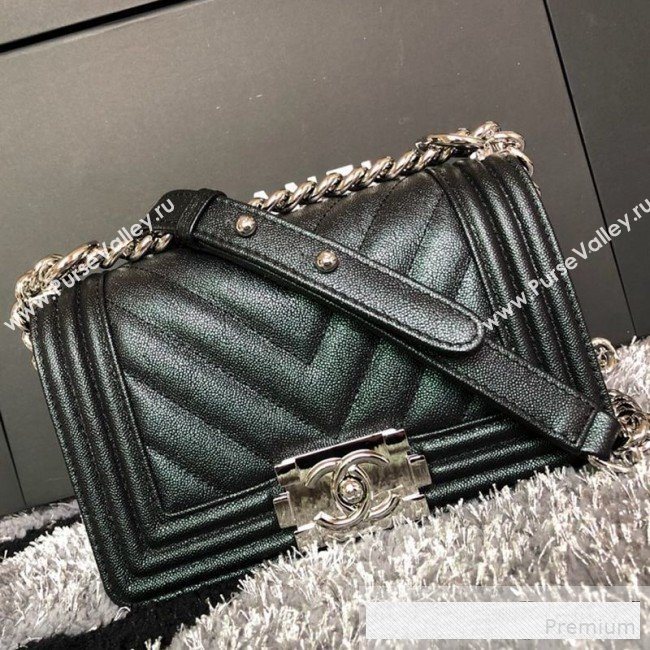 Chanel Iridescent Chevron Grained Leather Classic Small Boy Flap Bag Black/Silver 2019 (FM-9061516)