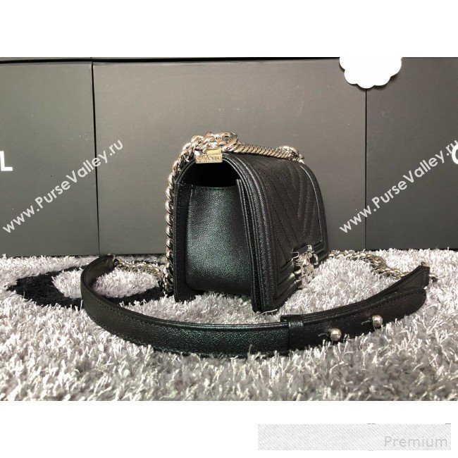 Chanel Iridescent Chevron Grained Leather Classic Medium Boy Flap Bag Black/Silver 2019 (FM-9061518)
