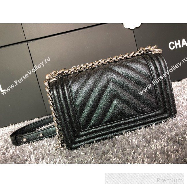 Chanel Iridescent Chevron Grained Leather Classic Small Boy Flap Bag Black/Silver 2019 (FM-9061516)