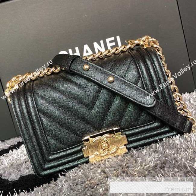 Chanel Iridescent Chevron Grained Leather Classic Small Boy Flap Bag Black/Gold 2019 (FM-9061517)