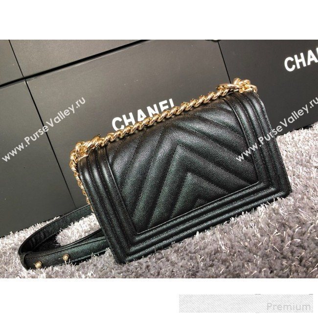 Chanel Iridescent Chevron Grained Leather Classic Medium Boy Flap Bag Black/Gold 2019 (FM-9061519)