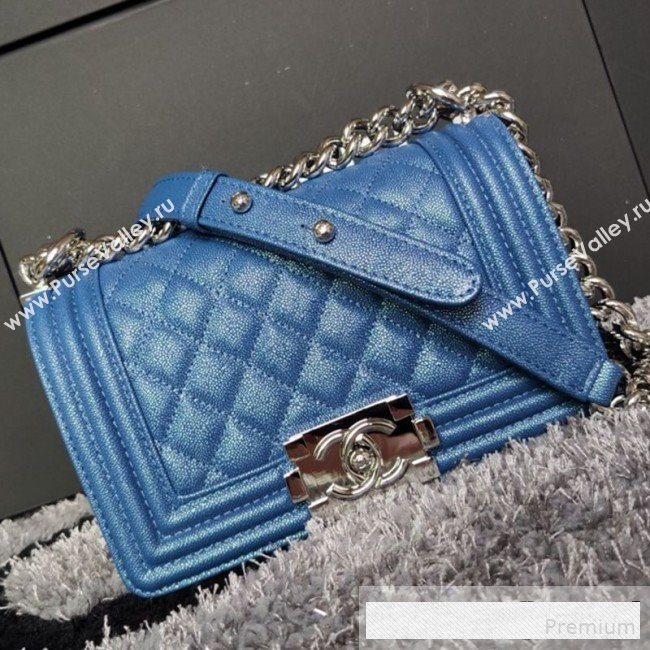Chanel Iridescent Quilted Grained Leather Classic Small Boy Flap Bag Blue/Silver 2019 (FM-9061520)