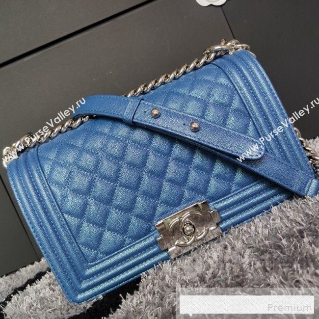 Chanel Iridescent Quilted Grained Leather Classic Medium Boy Flap Bag Blue/Silver 2019 (FM-9061522)