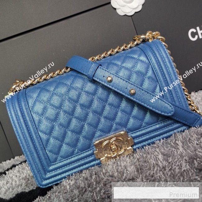 Chanel Iridescent Quilted Grained Leather Classic Medium Boy Flap Bag Blue/Gold 2019 (FM-9061523)