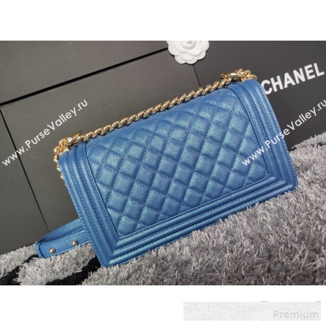 Chanel Iridescent Quilted Grained Leather Classic Medium Boy Flap Bag Blue/Gold 2019 (FM-9061523)