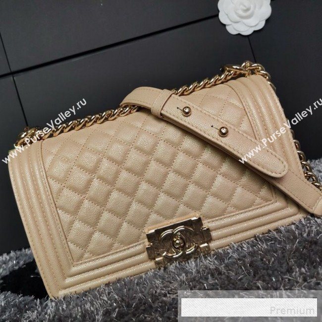 Chanel Iridescent Quilted Grained Leather Classic Medium Boy Flap Bag Beige/Gold 2019 (FM-9061527)