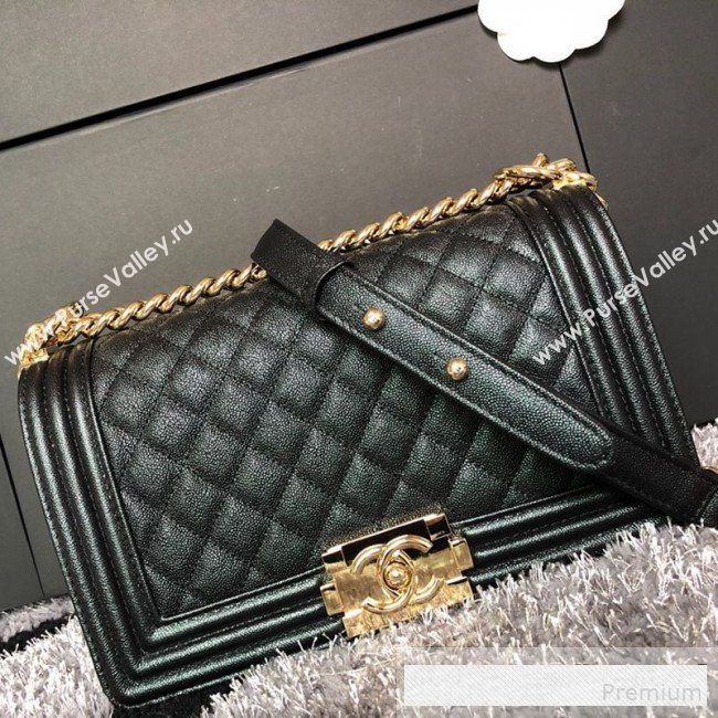 Chanel Iridescent Quilted Grained Leather Classic Medium Boy Flap Bag Black/Gold 2019 (FM-9061539)