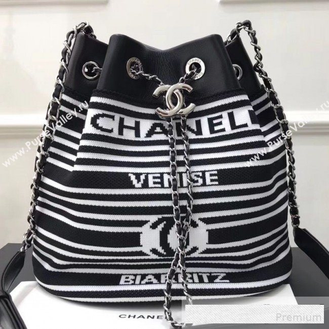 Chanel Knit Stripes Drawstring Bucket Bag AS0464 Black/White 2019 (FM-9061542)