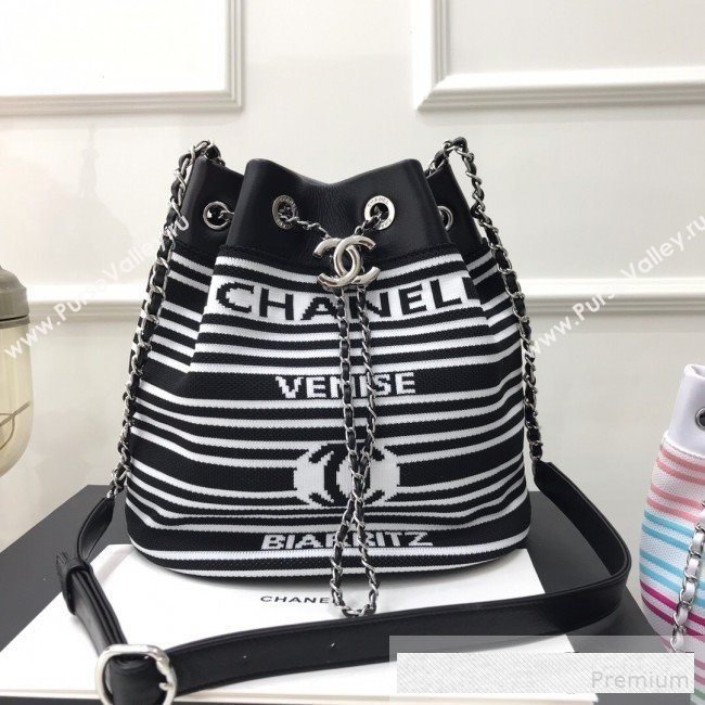 Chanel Knit Stripes Drawstring Bucket Bag AS0464 Black/White 2019 (FM-9061542)