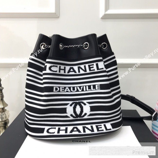Chanel Knit Stripes Drawstring Bucket Bag AS0464 Black/White 2019 (FM-9061542)