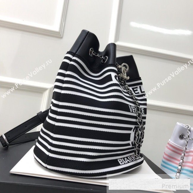 Chanel Knit Stripes Drawstring Bucket Bag AS0464 Black/White 2019 (FM-9061542)