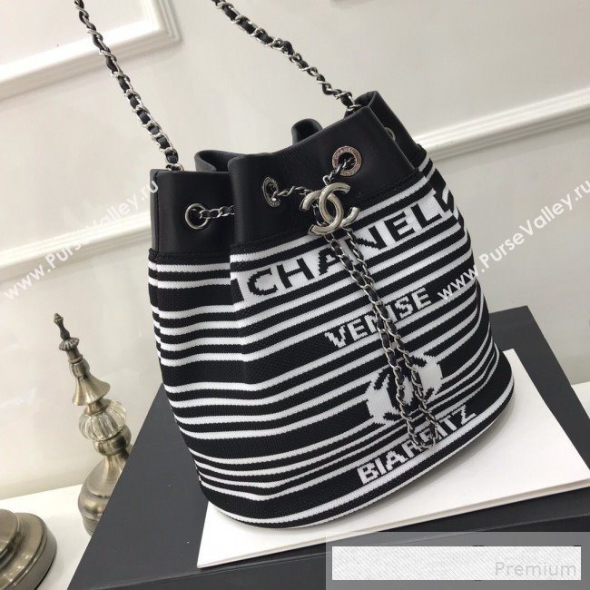 Chanel Knit Stripes Drawstring Bucket Bag AS0464 Black/White 2019 (FM-9061542)