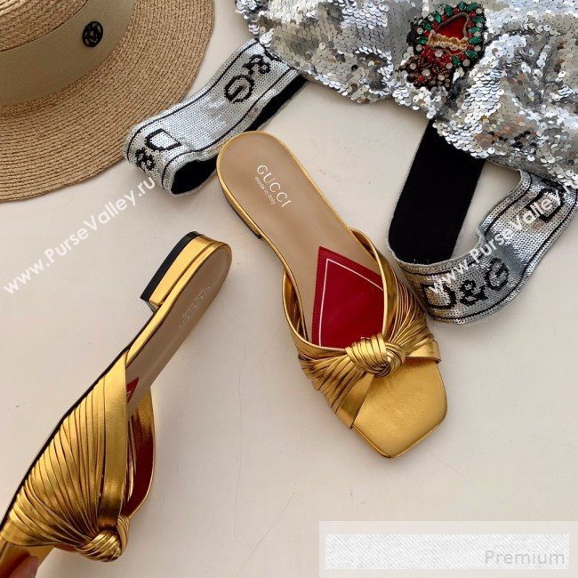 Gucci Twist Knot Metallic Leather Flat Slide Sandal ‎577231 Gold 2019 (SS-9062139)