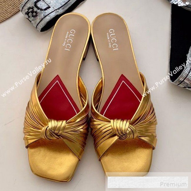 Gucci Twist Knot Metallic Leather Flat Slide Sandal ‎577231 Gold 2019 (SS-9062139)