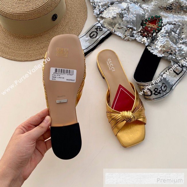 Gucci Twist Knot Metallic Leather Flat Slide Sandal ‎577231 Gold 2019 (SS-9062139)