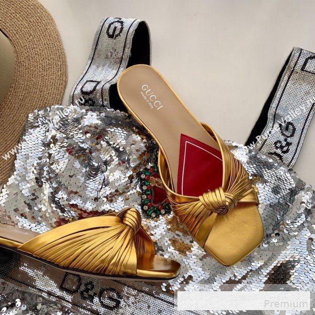 Gucci Twist Knot Metallic Leather Flat Slide Sandal ‎577231 Gold 2019 (SS-9062139)