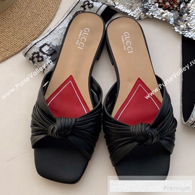 Gucci Twist Knot Leather Flat Slide Sandal ‎577231 Black 2019 (SS-9062142)