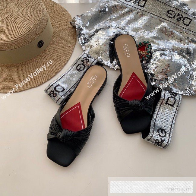 Gucci Twist Knot Leather Flat Slide Sandal ‎577231 Black 2019 (SS-9062142)