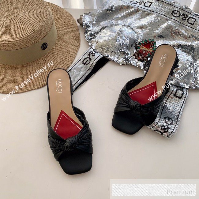 Gucci Twist Knot Leather Flat Slide Sandal ‎577231 Black 2019 (SS-9062142)